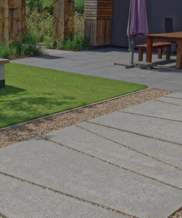 A pathway made from trapezium slabs