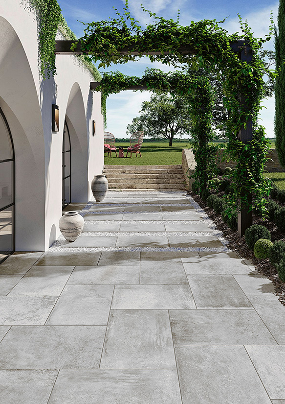 County Light Grey slabs in a garden
