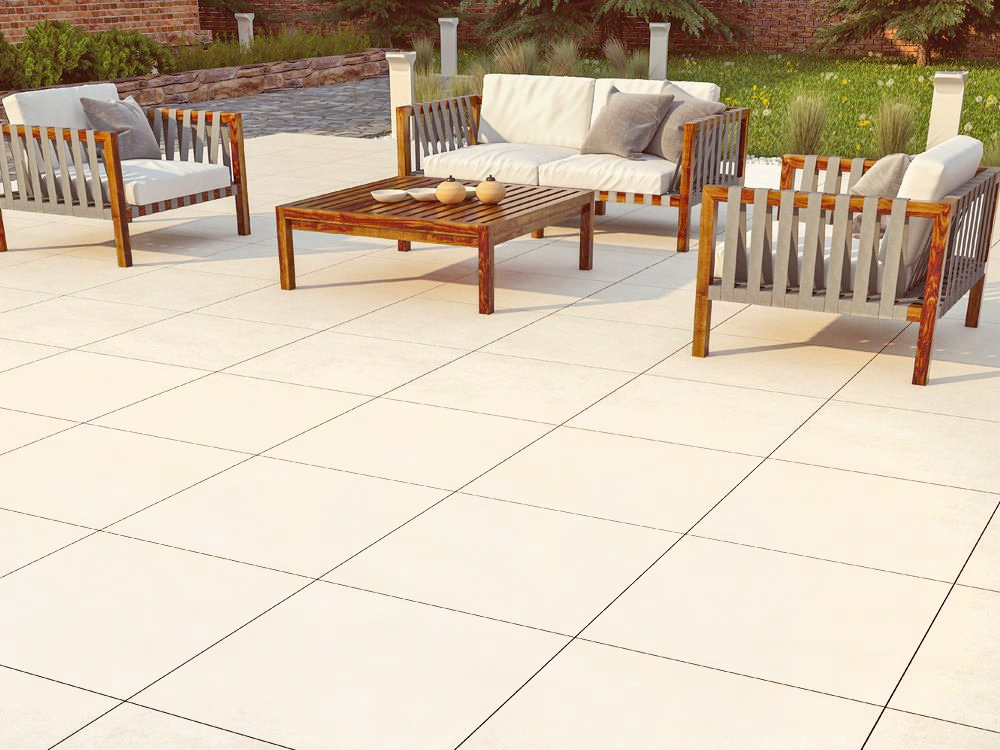 Creamy coloured paving in a garden