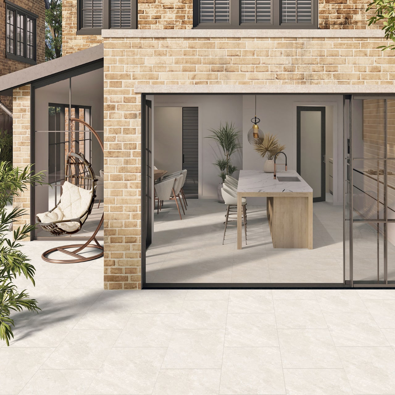 White paving slabs in an open to outside area of kitchen