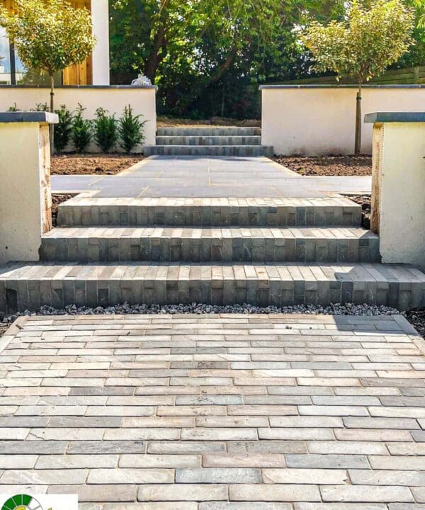 Kandla Grey Setts on steps and walkway in a garden