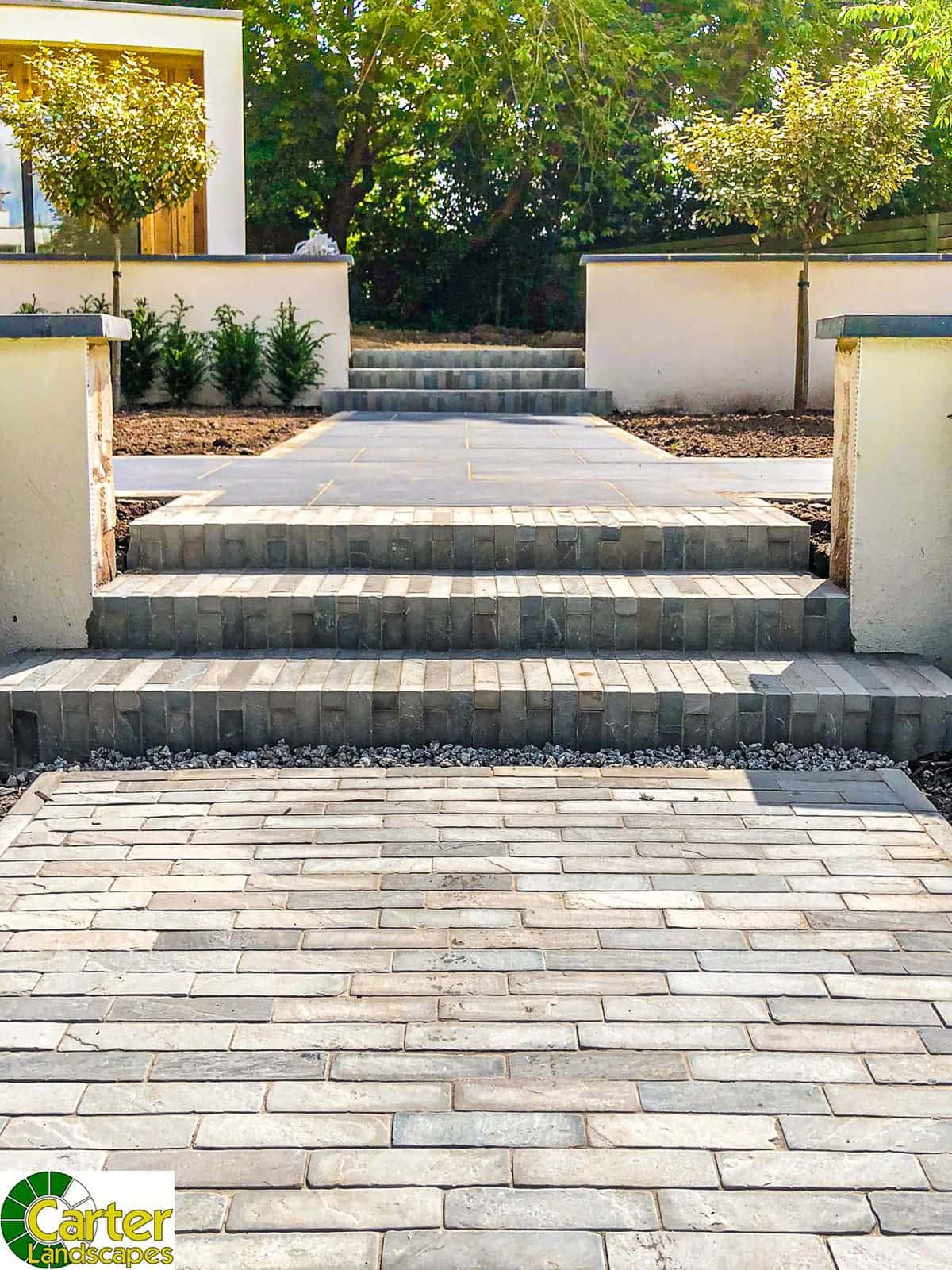 Kandla Grey Setts on steps and walkway in a garden