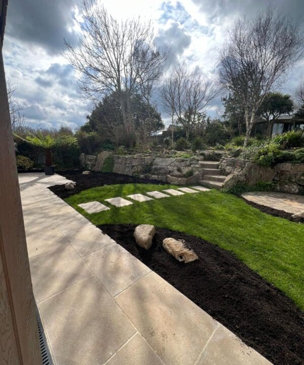 Garden with Millbrook Pearl Limestone patio, steps and walkways