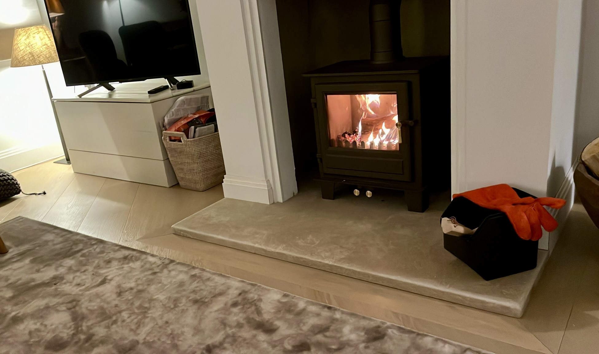 Millbrook Pearl Limestone slab under a fireplace