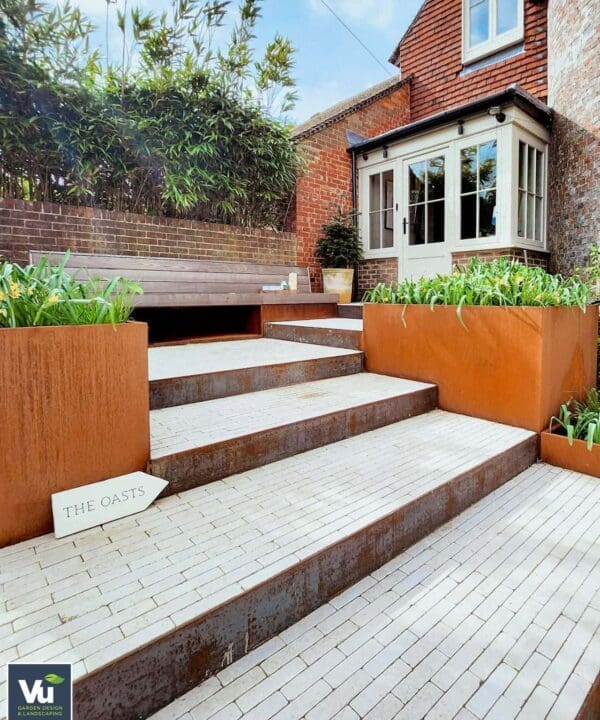 Garden with Millbrook Pearl Dual-Face Limestone Setts steps and walkways